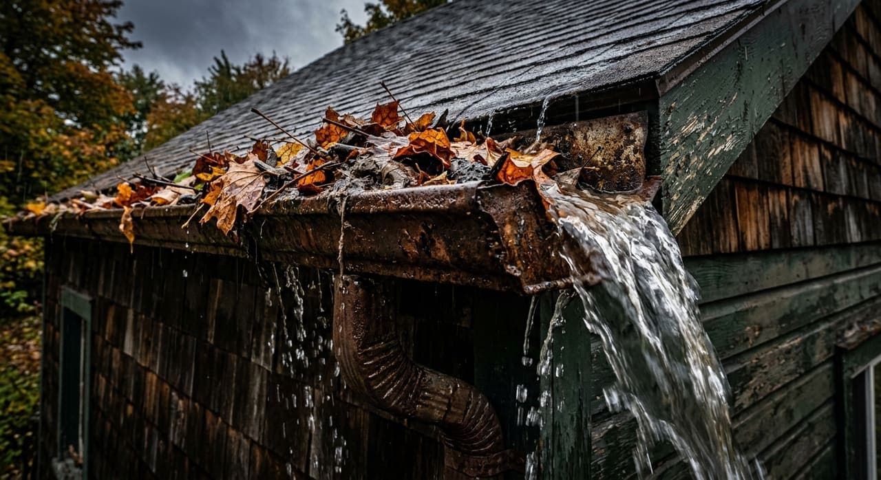 Gouttières rouillées et obstruées nécessitant un remplacement