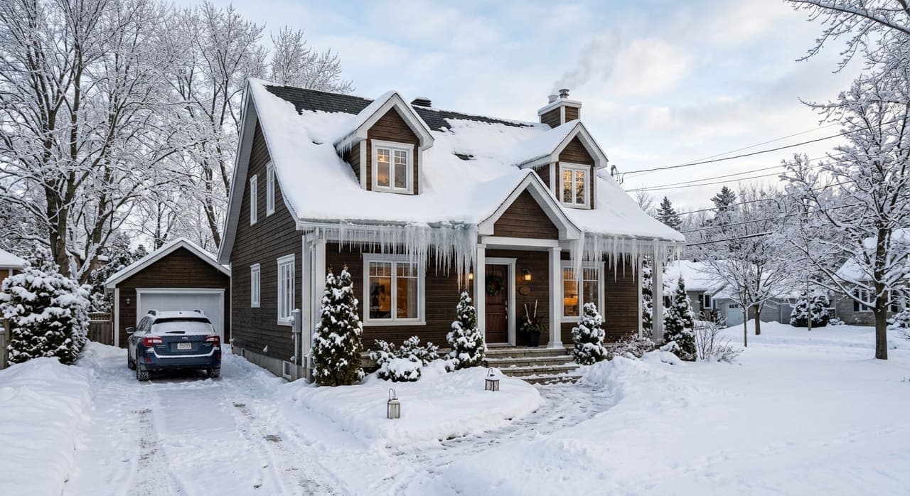 Maison québécoise en hiver avec glace sur les gouttières